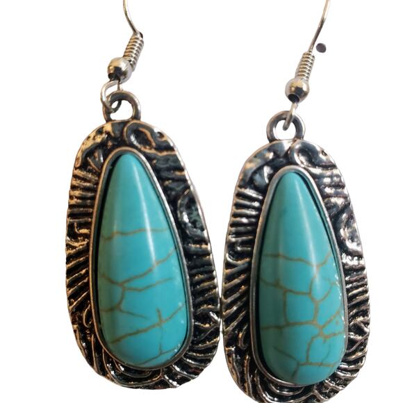 None Jewelry - Silver Faux Teal Stone Teardrop Dangle Drop Earrings Boho Elegant Statement